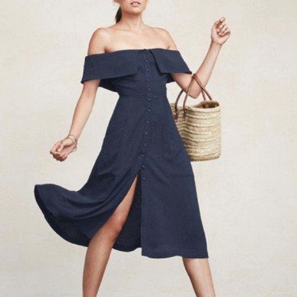 Reformation Off-Shoulder Navy Midi Dress